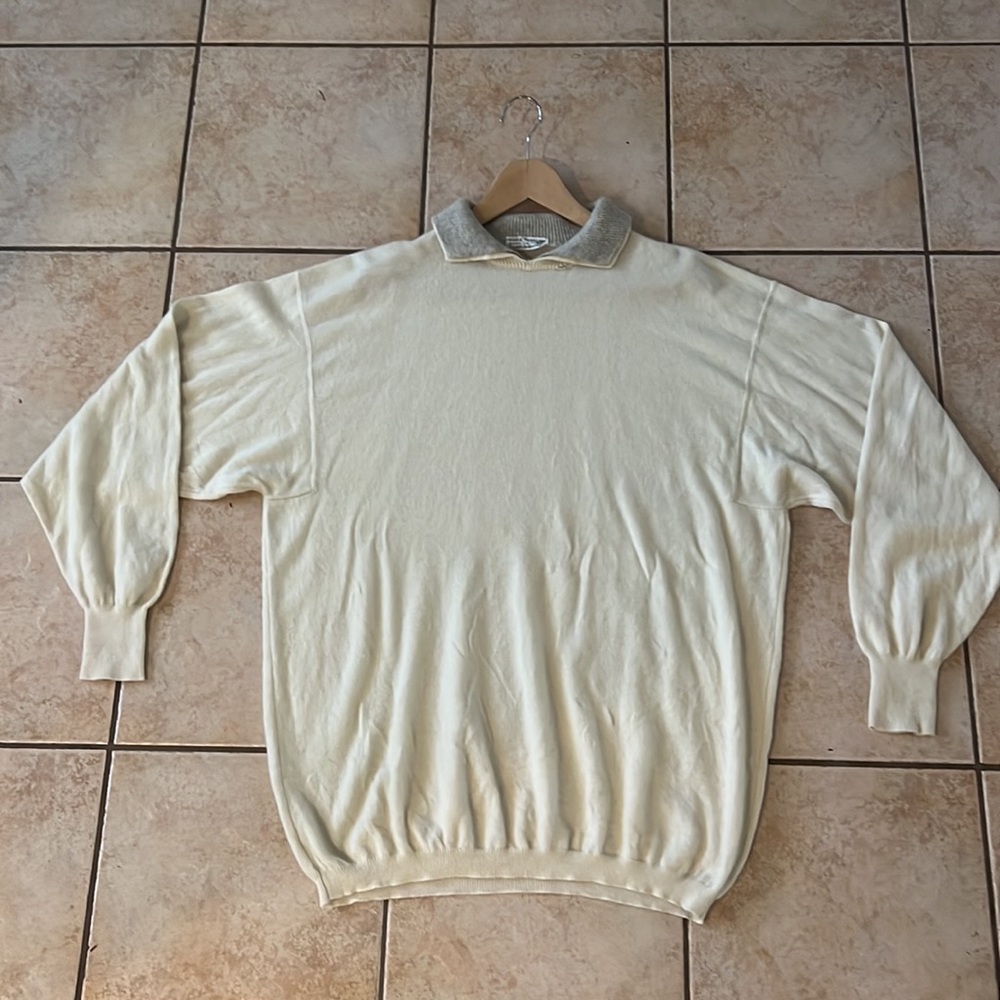 VINTAGE Cream and Gray double collar‎ CASHMERE Sweater, Sz XL